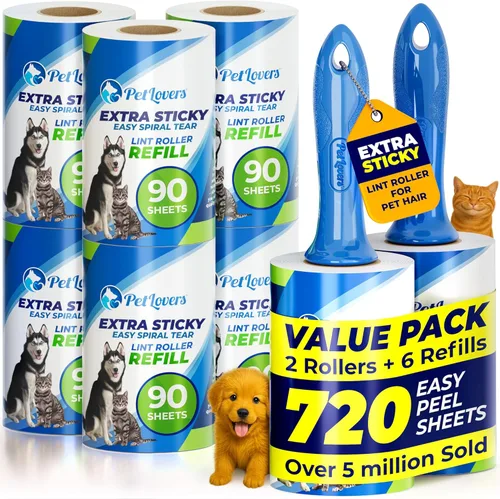 PetLovers Juego de Rodillos Quitapelusas Extra Adhesivos de Gran Valor 720 Hojas para la Eliminación de Pelo de Mascotas y Ropa, Removedor de Pelusa