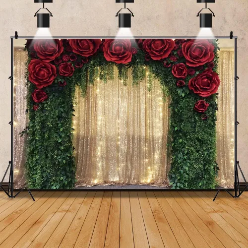 Fondo de fotografía de pared de lentejuelas doradas de 5 x 3 pies, color rojo, rosa y verde, decoración de vid de árbol, telón de fondo para boda,