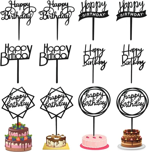 Miniatura 7 de Juego de 12 adornos para tartas de cumpleaños de varios estilos, decoración acrílica para tartas de cumpleaños, suministros de decoración de fiesta