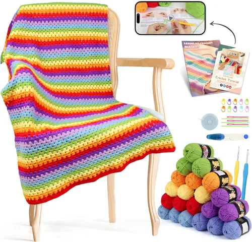 Kit de manta de ganchillo Reessy para principiantes, kit de ganchillo fácil para principiantes adultos y niños con instrucciones paso a paso en