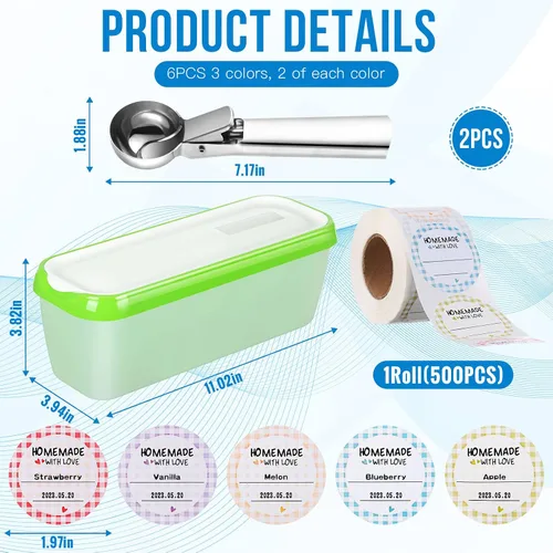 Miniatura 2 de Rtteri 6 recipientes de helado de 1.59 cuartos de galón con 2 cucharas de servir, 1 rollo de calcomanías tapas, recipientes reutilizables