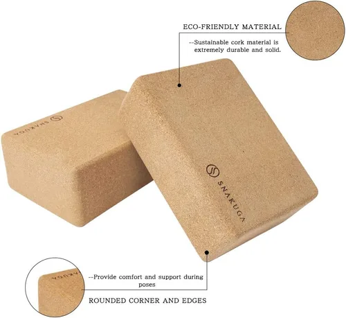 Miniatura 2 de SNAKUGA Bloque de corcho para yoga, paquete de 2 unidades para pilates, bloques antideslizantes y de alta densidad de 4 o 3 pulgadas