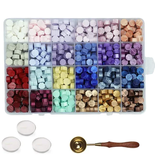 Juego de sellos de cera de sellado colorido de 600 PSC + 3 velas de té, 1 cuchara de sello de cera para cartas, invitaciones, paquetes, tarjetas