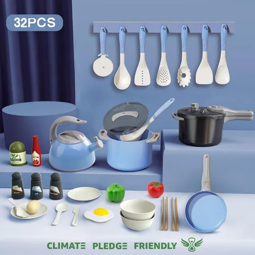 Miniatura 2 de Bruvoalon Juego de 32 juguetes de cocina para niños, accesorios de cocina con ollas, sartenes, utensilios de cocina, alimentos, verduras enlatadas