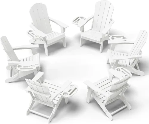 Miniatura 52 de NAVINE Juego de 2 sillas Adirondack plegables de polietileno de alta densidad con portavasos multifuncional, resistente a la intemperie, para Blanco