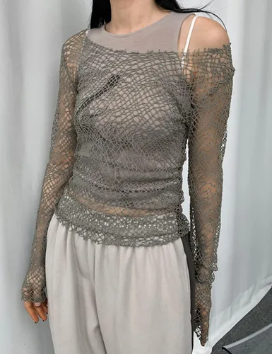 Miniatura 3 de Yeenily Camiseta de punto de ganchillo para mujer con malla de manga larga transparente