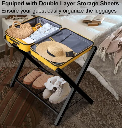 Miniatura 4 de Portaequipajes plegable para habitación de invitados, soporte plegable de metal para maleta con estante de metal para dormitorio, negro, paquete de 1