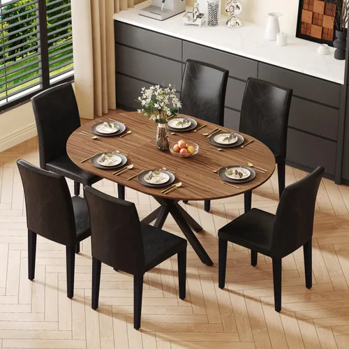 Miniatura 11 de Juego de mesa de comedor redonda para 4, juego de mesa de comedor extensible de 43-59 pulgadas, mesa de grano de madera de nogal y 4 sillas