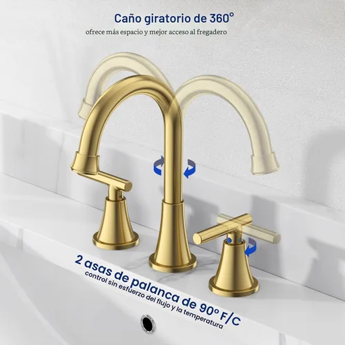 Miniatura 4 de Grifos de Baño para Lavabo de 3 Orificios, Hurran Grifo de Lavabo de Baño Dorado Cepillado con Desagüe Pop-up y Líneas de Suministro, Grifo Oro