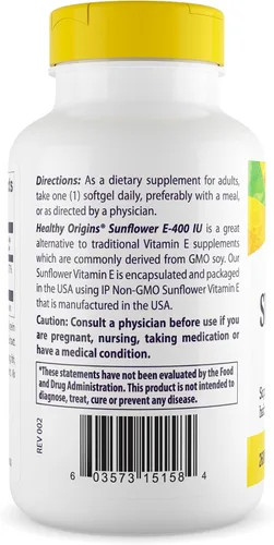 Miniatura 2 de Healthy Origins Vitamina E, 400 UI de girasol (Sun E 900) - Suplemento de vitamina E - Vitaminas para el cabello, la piel y las uñas - Suplemento