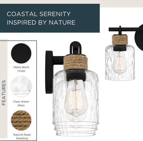 Miniatura 2 de Quoizel Naturals Baltic - Luces modernas de tocador de 14.5 pulgadas, 2 luces, estilo costero, color negro mate y cristal de agua transparente
