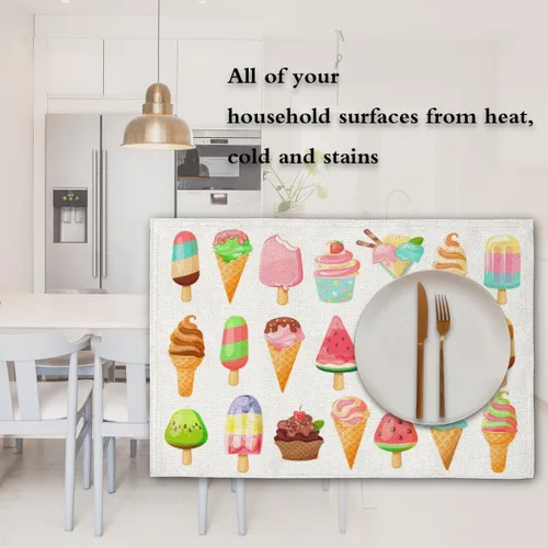 Miniatura 7 de Juego de 4 manteles individuales con diseño de helado de comida, lavables, impermeables, para decoración de mesa de comedor, 18 x 12 pulgadas