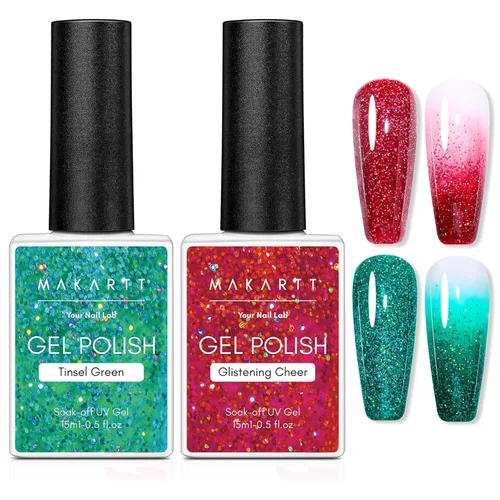 Makartt Juego de esmaltes de uñas de gel con purpurina navideña - 2 piezas de 15ml (0.51 onzas líquidas), gel brillante, removible con UV para