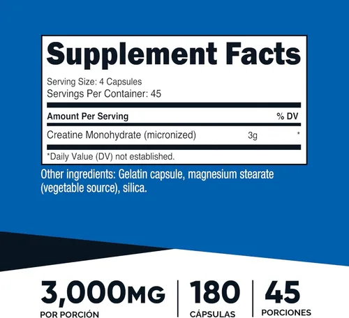 Miniatura 2 de Nutricost Monohidrato de creatina 3,000 mg, 180 cápsulas (750 mg por cápsula) Sin gluten, sin OMG