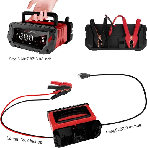 Miniatura 6 de Cargador de batería de coche de 20 amperios, cargador automotriz inteligente de 12 V/24 V, mantenedor de batería, cargador de goteo para automóvil