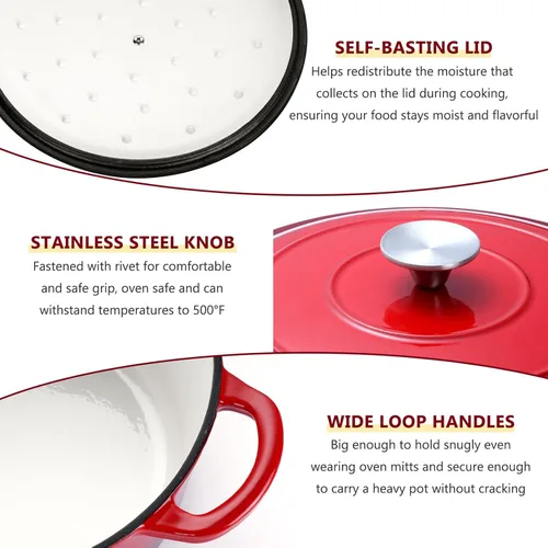 Miniatura 7 de E-far Horno holandés de hierro fundido esmaltado con tapa, olla redonda holandesa de 6 cuartos, utensilios de cocina antiadherentes para estofar