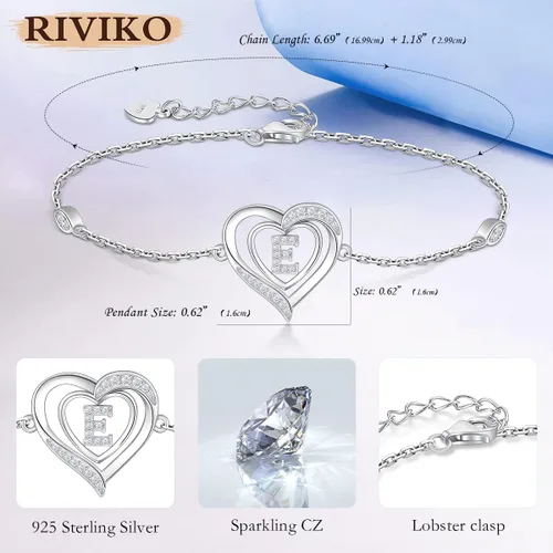 Miniatura 5 de RIVIKO Pulseras de Iniciales de Corazón para Mujeres, Pulseras de Letra de Plata de Ley 925, Joyería de Encanto Personalizado del Alfabeto para San