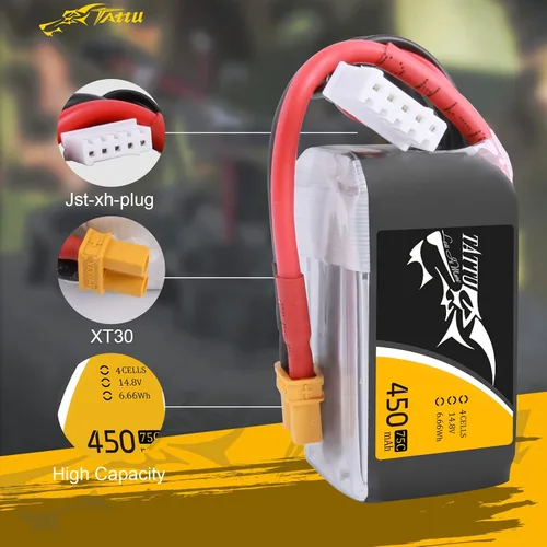 Miniatura 3 de TATTU Batería LiPo de 14.8V 450mAh 75C 4S con enchufe XT30 para multirotor FPV 150