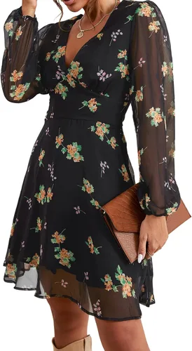 CUPSHE Women's Mini Dress Casual Floral Chiffon Flowy Dresses Long Sleeve Dress for Women