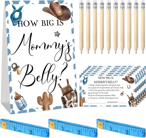 Miniatura 18 de Sabary 64 Piezas Juegos de Baby Shower Incluyen Letrero How Big is Mommy's Belly Sign Measure Bump Game 50 Tarjetas 10 Lápices 3 Cintas Métricas