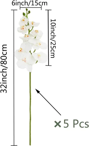 Miniatura 2 de HinyoCo 5 piezas de flores artificiales de orquídea, flores artificiales de Phalaenopsis de 32 pulgadas para decoración del hogar y boda (blanco)
