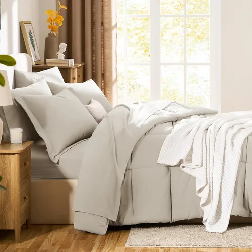 Miniatura 8 de CozyLux Juego de edredón tamaño individual XL, color beige, juego de cama de 5 piezas individual XL, juego de ropa de cama suave extra largo