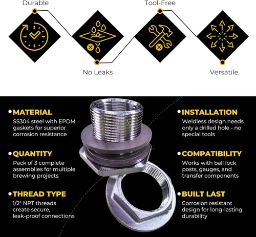 Miniatura 3 de MiniBrew Mamparo sin soldadura NPT EZ de 1/2 pulgada con juntas EPDM para elaboración casera (paquete de 3)
