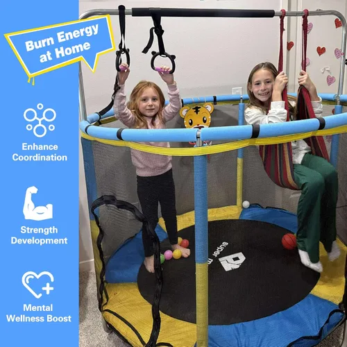 Miniatura 2 de Trampolín de 55 pulgadas para interiores y exteriores para niños con recinto, trampolín para niños pequeños con barra de gimnasia ajustable y Azul