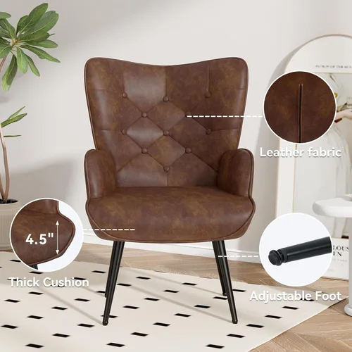 Miniatura 4 de Nalupatio Silla de Acento Moderna de Mediados de Siglo, Sillas Tapizadas en Cuero PU con Botones Capitoné, Sillón de Lectura con Respaldo Alto