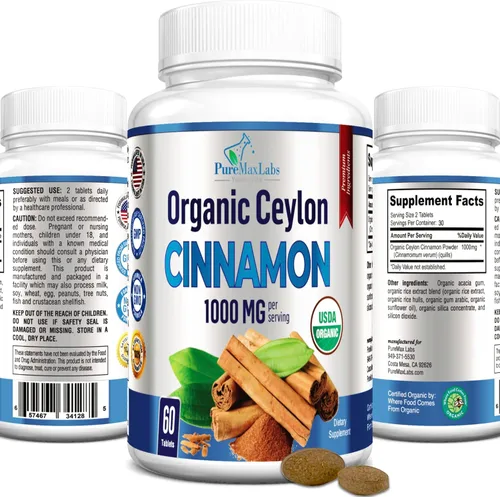 YUMMYVITE Canela de Ceilán orgánica, 1000 mg por porción, suplemento orgánico certificado de canela verdadera, antioxidante, absorción rápida, 60