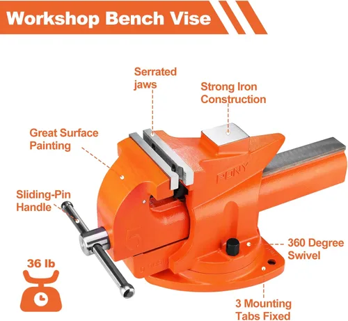 Miniatura 7 de PONY Tornillo de banco resistente, ancho de mandíbula de 5-pulgadas, apertura de mandíbula de 7-pulgadas, base giratoria de 360 grados con yunque
