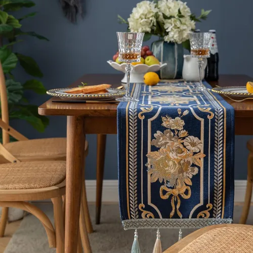 Miniatura 3 de Camino de mesa de lujo bordado, largo camino de mesa de comedor, elegante bufanda de jacquard con borlas múltiples para decoración de mesa