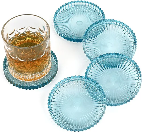 Miniatura 18 de Juego de 5 posavasos modernos transparentes de cristal para bebidas, posavasos redondos y elegantes, bonitos posavasos para mesa de café para Ámbar