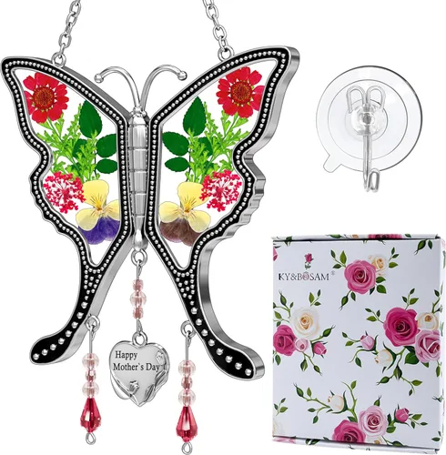Miniatura 10 de KY&BOSAM Atrapasoles de mariposa con texto en inglés "I Love You Sister" para ventanas con flores secas y prensadas reales, dije de corazón grabado