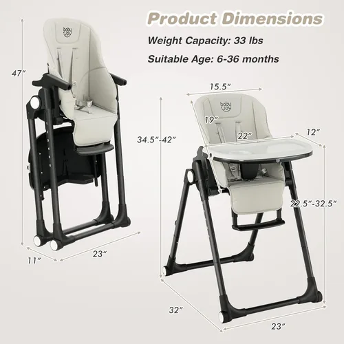 Miniatura 7 de BABY JOY Silla alta para bebés y niños pequeños, silla alta plegable con respaldo/reposapiés/altura del asiento, bandejas dobles extraíbles, cojín