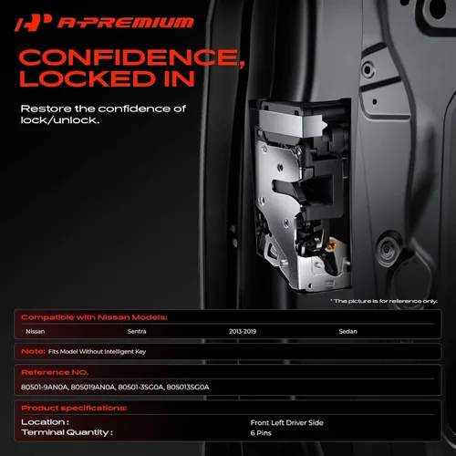 Miniatura 2 de A-Premium Conjunto de actuador de cerradura de puerta delantero izquierdo del conductor compatible con Nissan Sentra 2013-2019 Sedán, sin llave