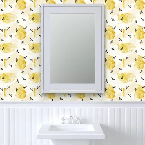 Miniatura 9 de Spoonflower Papel tapiz autoadhesivo de 3 x 2 pies – Abeja verano jardín acuarela miel oro negro nido de abeja insectos colmena abeja abejas papel