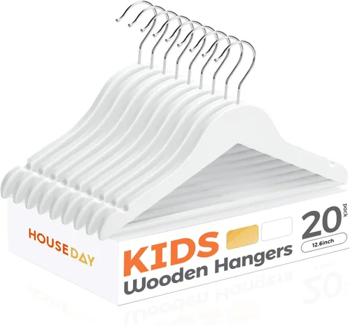 Miniatura 10 de HOUSE DAY Perchas de madera para el armario, paquete de 20 perchas de madera para ropa de bebé, percha de madera resistente con barra antideslizante