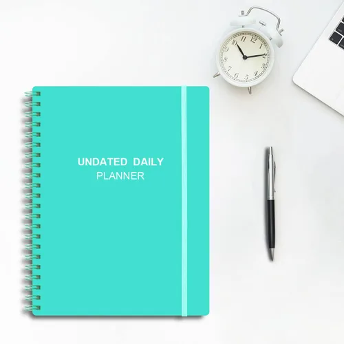 Miniatura 4 de Agenda diaria sin fecha: agenda sin fecha con horarios, artículos de acción y seguimiento, cuaderno organizador diario A4 para aumentar la Turquesa