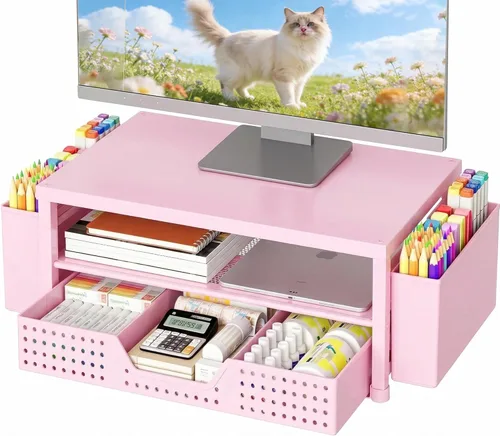 Miniatura 19 de OPNICE - Organizadores y accesorios de escritorio, con soporte de monitor de computadora de 2 niveles, cajón y 2 soportes para bolígrafos, Roble