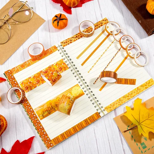 Miniatura 6 de Whaline 12 rollos de cinta washi de otoño de Acción de Gracias, calabaza de otoño, hojas de arce, cinta adhesiva de 3 tamaños, patrón de cosecha