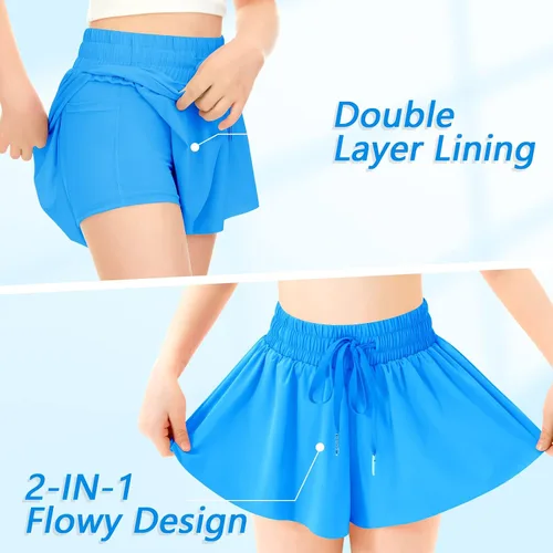 Miniatura 4 de QooNoo Girls Butterfly Shorts with Pocket Flowy Athletic Shorts High Waist Preppy Running Shorts for Kids Teen