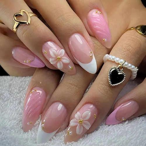 Miniatura 9 de Uñas postizas a presión de almendra marrón, medianas con diseños de leopardo y purpurina, uñas postizas en forma de almendra otoñal, uñas acrílicas