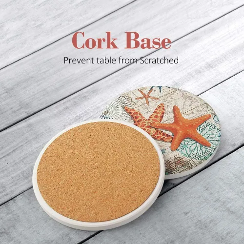 Miniatura 5 de Teivio Posavasos de piedra absorbente con temática de vida marina para bebidas, base de corcho con soporte, decoración costera con tema de playa
