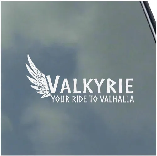 Valkyrie Your Ride to Valhalla - Calcomanía de vinilo Asatru Norse God Odin Rune por KLO Graphics Blanco