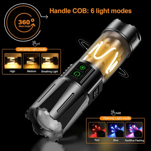 Miniatura 4 de Linterna súper brillante de alto lúmenes 100000 recargable, potente LED de 50 W, larga duración de 30 horas, Daul Bottons 10 modos con luz lateral