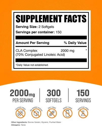 Miniatura 2 de BulkSupplements. Com cápsulas blandas de ácido linoleico conjugadas - suplementos de CLA, CLA 2000 mg, CLA Cápsula de cártamo, píldoras CLA - 2