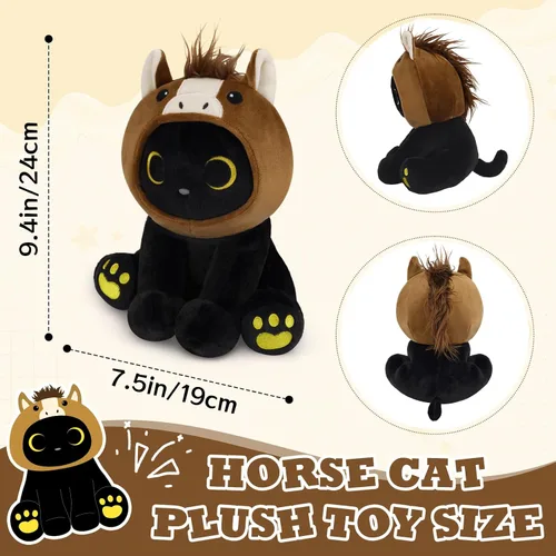 Miniatura 3 de Peluche de gato de caballo – Aniaml de peluche de gato negro de 8 pulgadas con capucha de caballo marrón extraíble, lindo animal de peluche, juguete