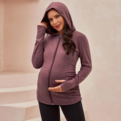 Miniatura 3 de DEBELLY Sudaderas de maternidad de manga larga con cremallera completa, casual, para embarazo, chaqueta con bolsillos, agujero para el pulgar