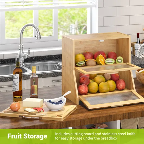 Miniatura 5 de BMOSU Panera grande de doble capa con tabla de cortar para encimera de cocina, panera con ventana de vidrio esmerilado de bambú (natural)